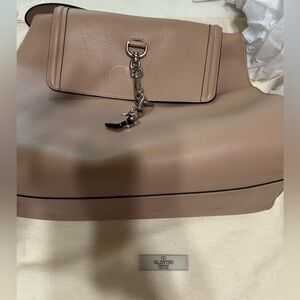 Valentino Taupe Leather Shoulder Bag with Chain Accent